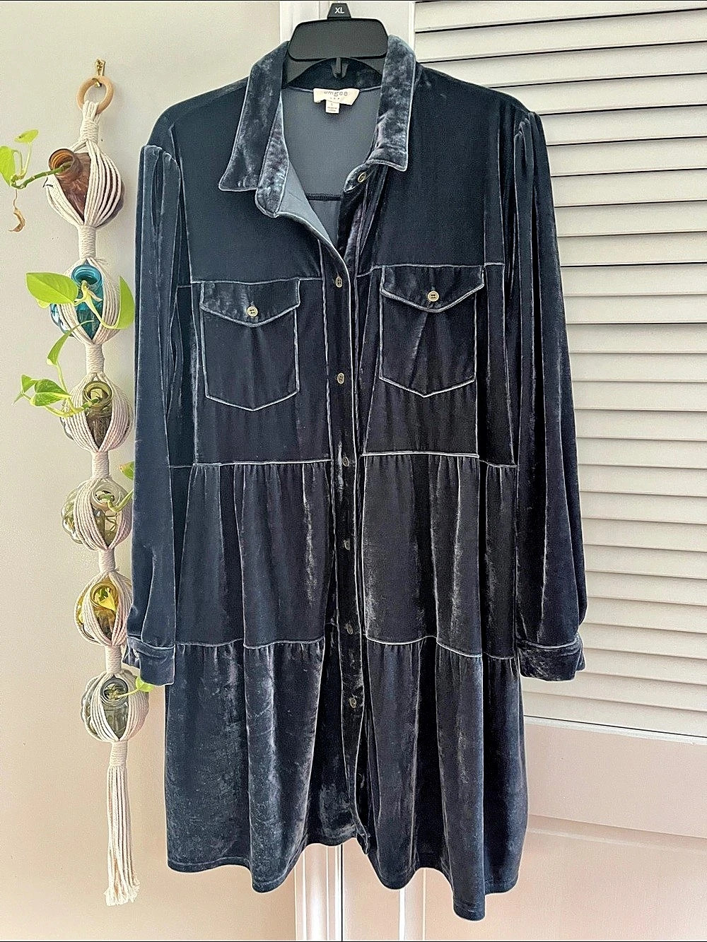 Umgee Velvet Long Sleeve Tiered Button Down Dress Midi Dress